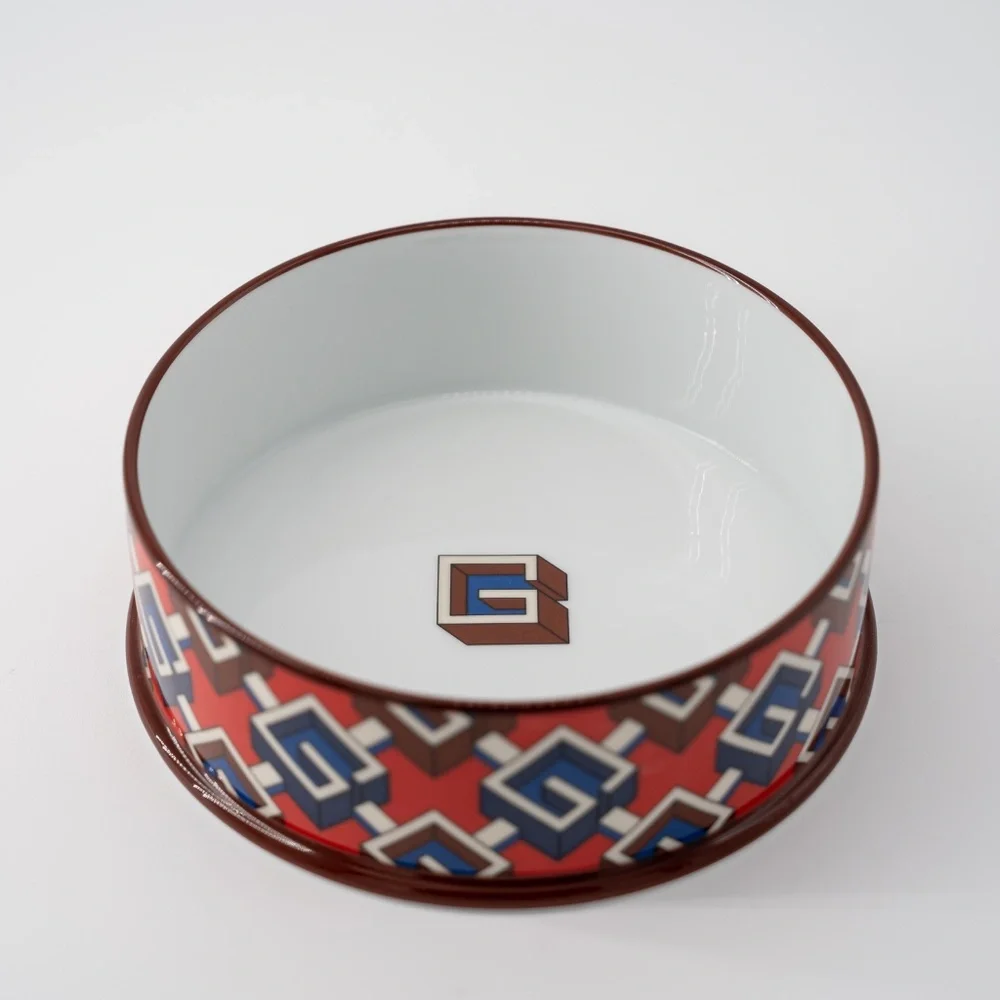 Gucci Dog Bowl Geometric G Water Food Porcelain Red Blue